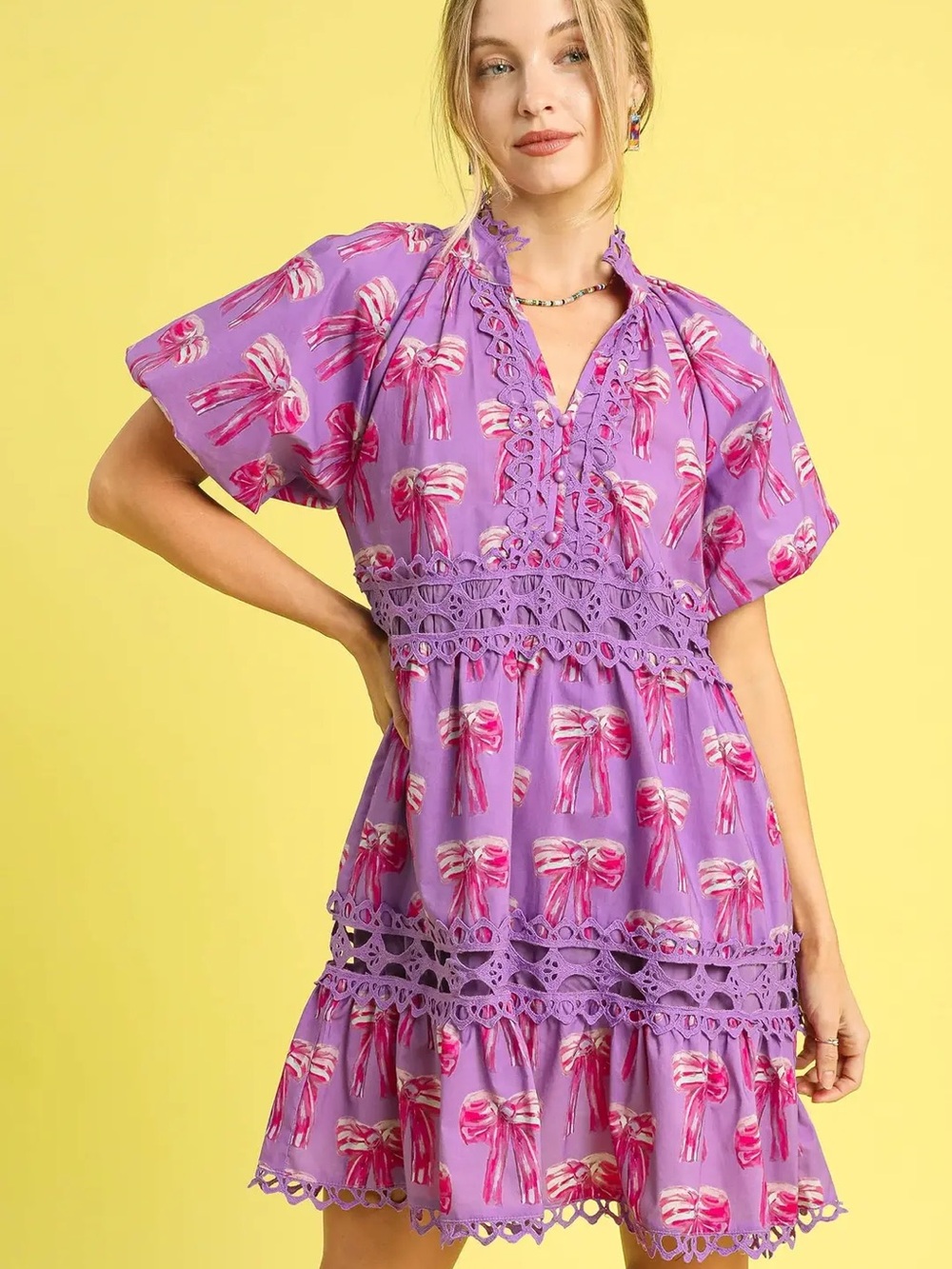 Umgee Purple and Pink Crochet-Trim Dress